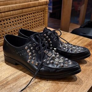 Prada Black Studded Leather Flat derby shoe